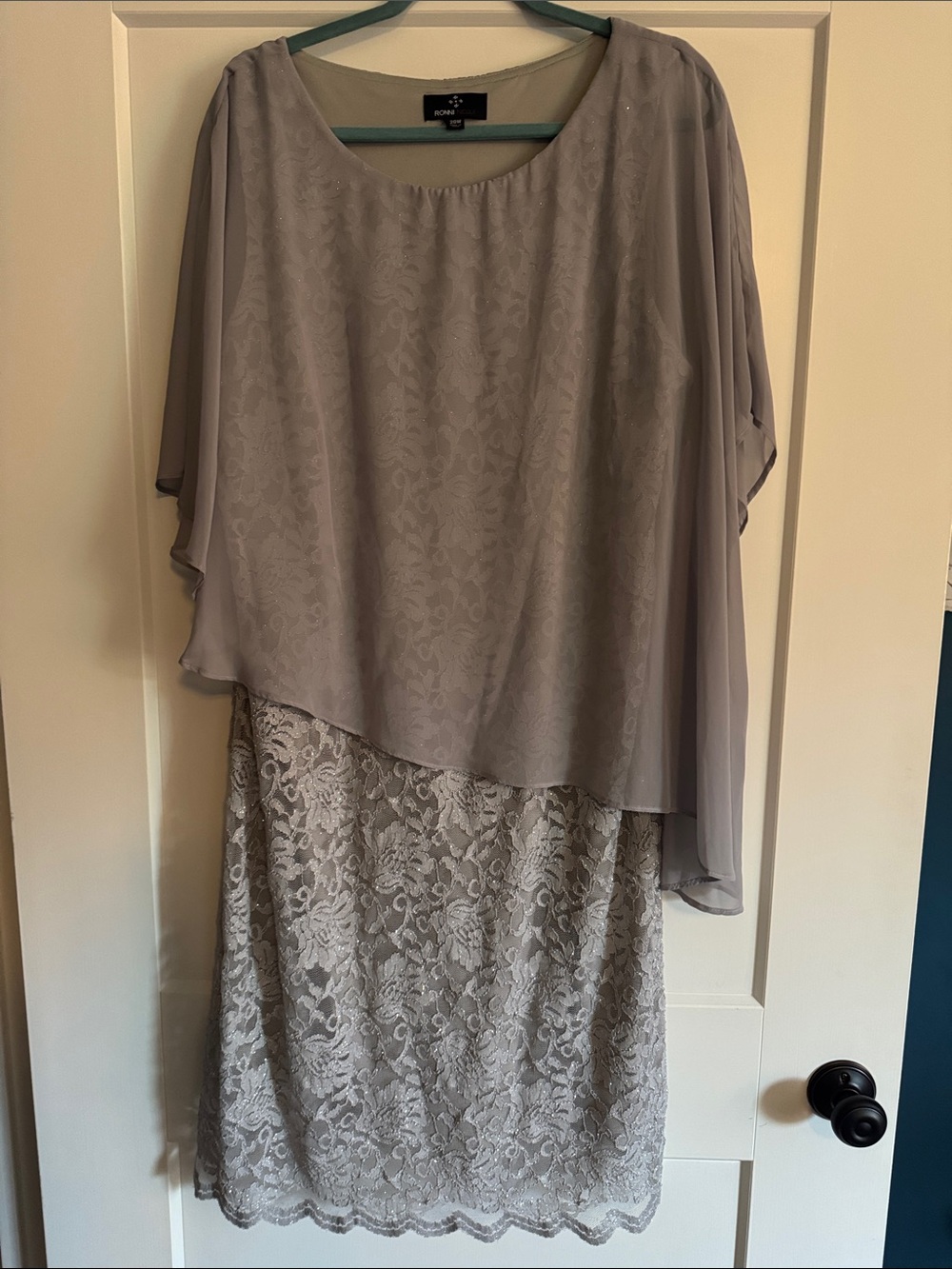 Alex Evenings Silver-Gray Lace Midi Dress with Chiffon Overlay